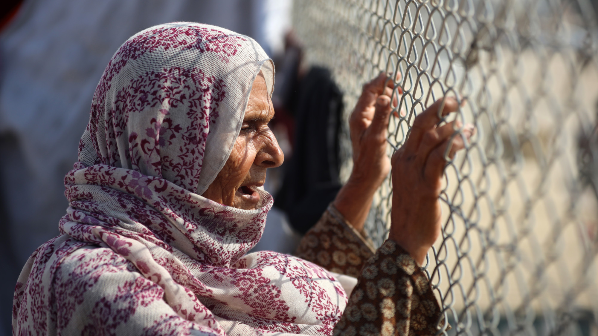 امرأة فلسطينية نازحة تنظر من خلال سياج في مخيم الخيام في خان يونس، جنوب قطاع غزة، في 9 نوفمبر 2024 (مجدي فتحي/ نور فوتو عبر رويترز)